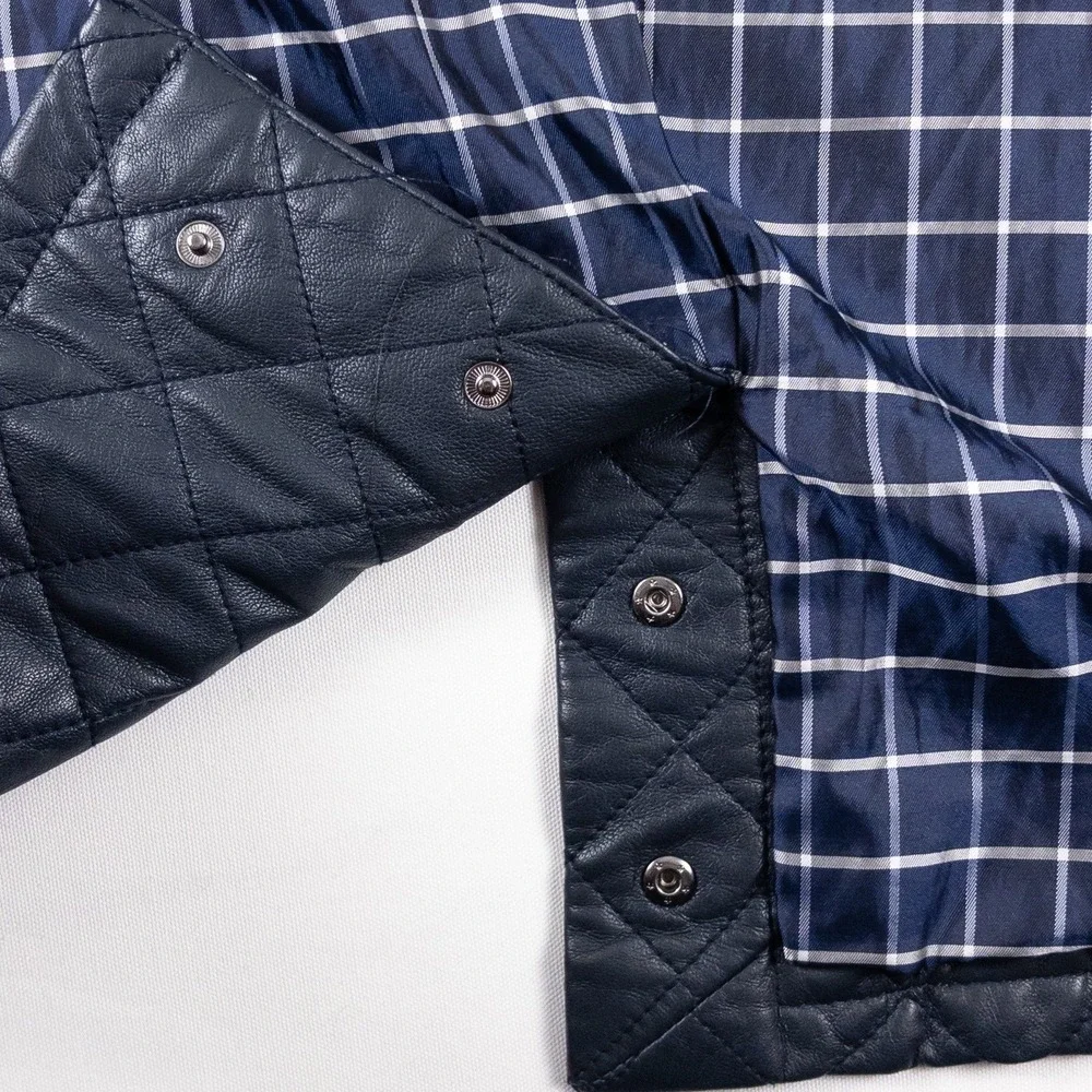 Henig Furs‎ Quilted Leather Jacket Mens XXL Navy Blue Brown Germany Moto Preppy